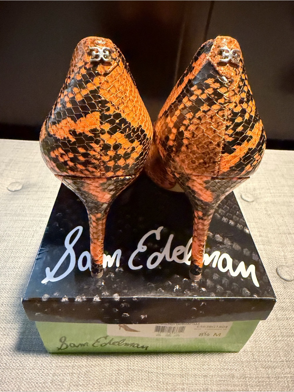 Sam Edelman Orange and Black Snake-Print Pointed Pumps - Picture 2 of 3